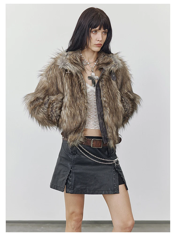 Lautaro Autumn Winter Short Warm Thick Hairy Shaggy Patchwork Faux Raccoon Dog Fur Coat Women Zipper Luxury Fluffy Jacket 2024