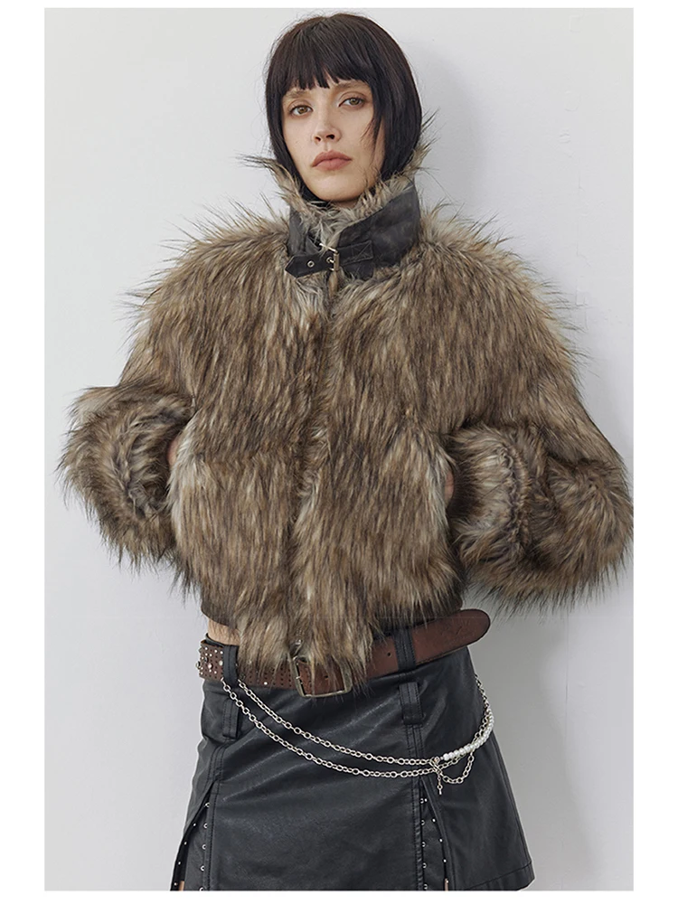 Lautaro Autumn Winter Short Warm Thick Hairy Shaggy Patchwork Faux Raccoon Dog Fur Coat Women Zipper Luxury Fluffy Jacket 2024
