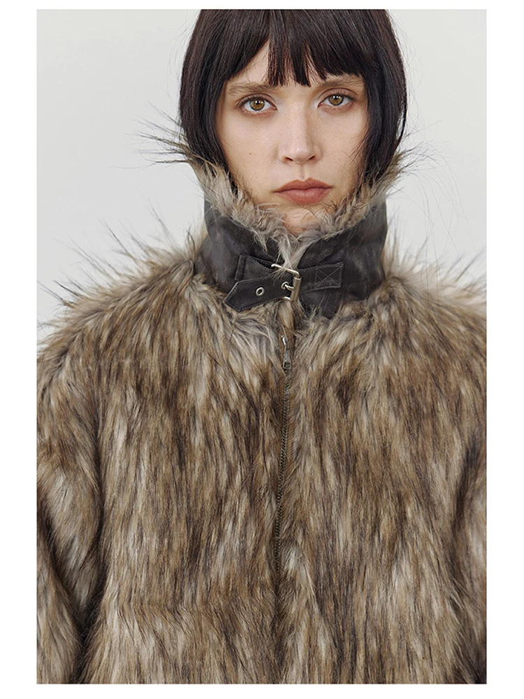 Lautaro Autumn Winter Short Warm Thick Hairy Shaggy Patchwork Faux Raccoon Dog Fur Coat Women Zipper Luxury Fluffy Jacket 2024
