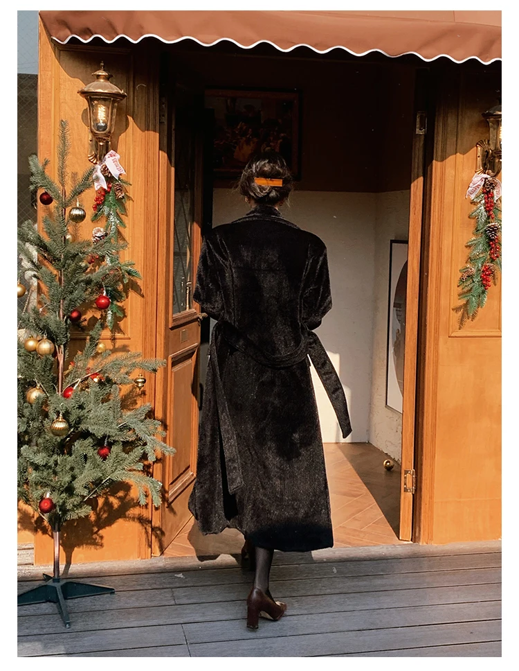 Lautaro Winter Oversized Long Black Soft Faux Fur Trench Coat for Women Long Sleeve Sashes Casual Stylish Korean Fashion 2021
