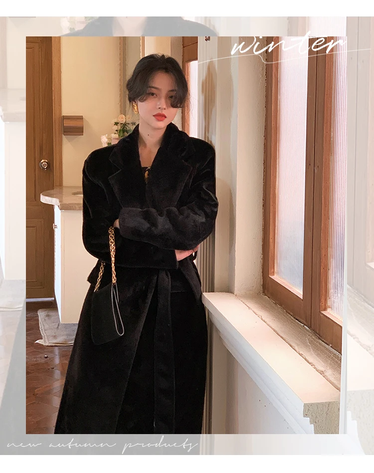 Lautaro Winter Oversized Long Black Soft Faux Fur Trench Coat for Women Long Sleeve Sashes Casual Stylish Korean Fashion 2021