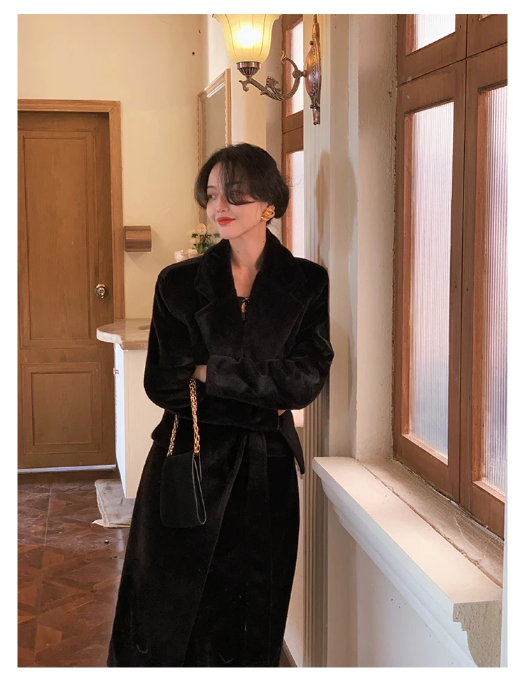 Lautaro Winter Oversized Long Black Soft Faux Fur Trench Coat for Women Long Sleeve Sashes Casual Stylish Korean Fashion 2021