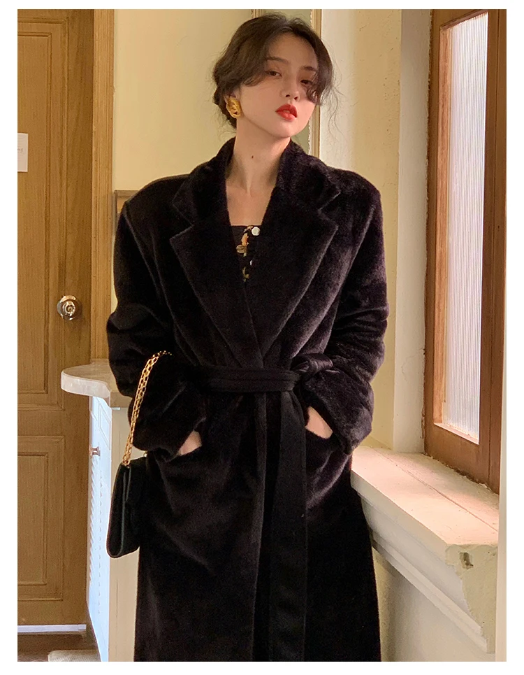 Lautaro Winter Oversized Long Black Soft Faux Fur Trench Coat for Women Long Sleeve Sashes Casual Stylish Korean Fashion 2021