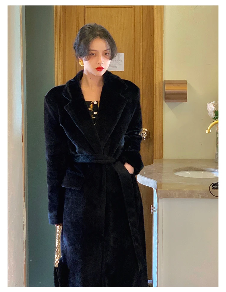 Lautaro Winter Oversized Long Black Soft Faux Fur Trench Coat for Women Long Sleeve Sashes Casual Stylish Korean Fashion 2021