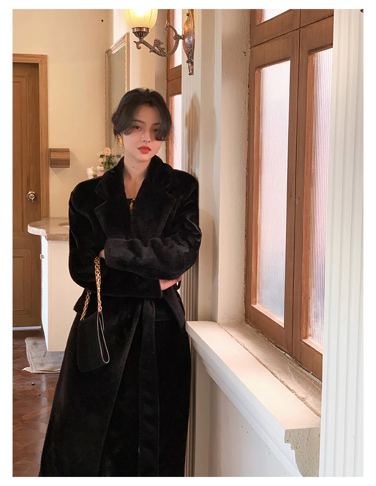 Lautaro Winter Oversized Long Black Soft Faux Fur Trench Coat for Women Long Sleeve Sashes Casual Stylish Korean Fashion 2021
