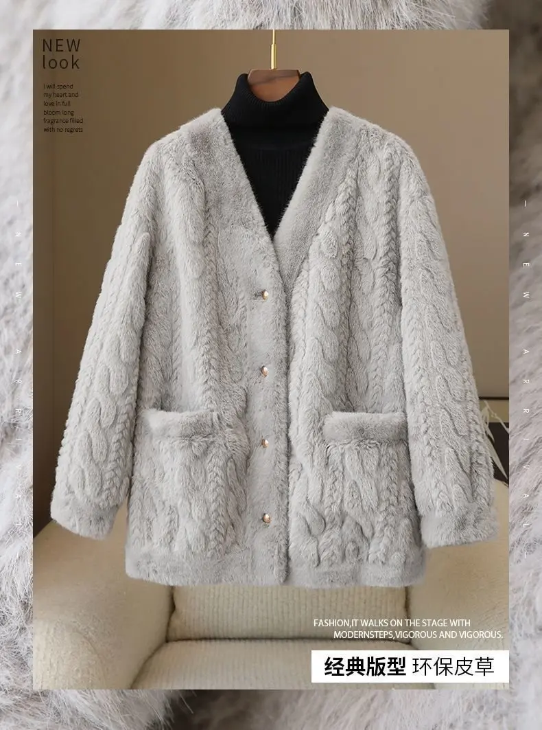 Environmental Protection Fur Coat Women's 2025 Spring Autumn Winter New Temperament Mao Mao Jacket V-neck Thicken Outcoat Ladies