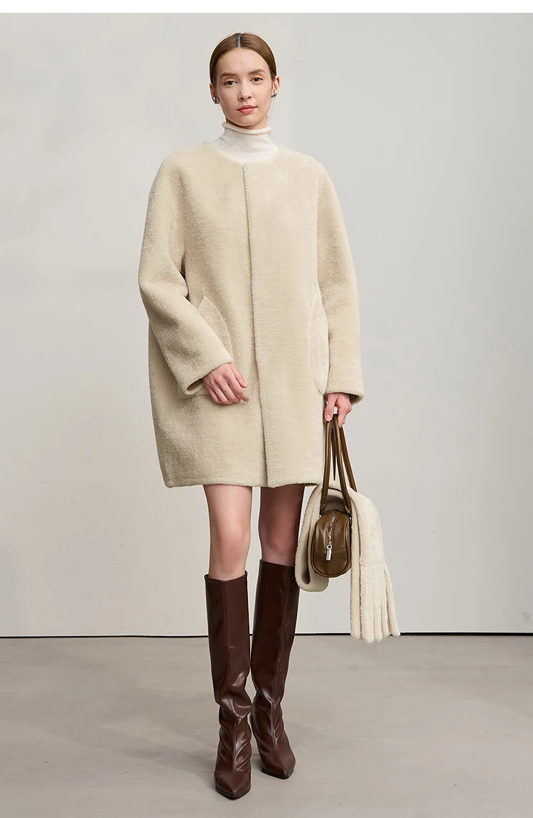 Amii Fur Coat Woman 2025 Winter New O-Neck Loose Medium And Long Tops With Scarf Warm Long Sleeve Elegant Fur Jacket 12554011