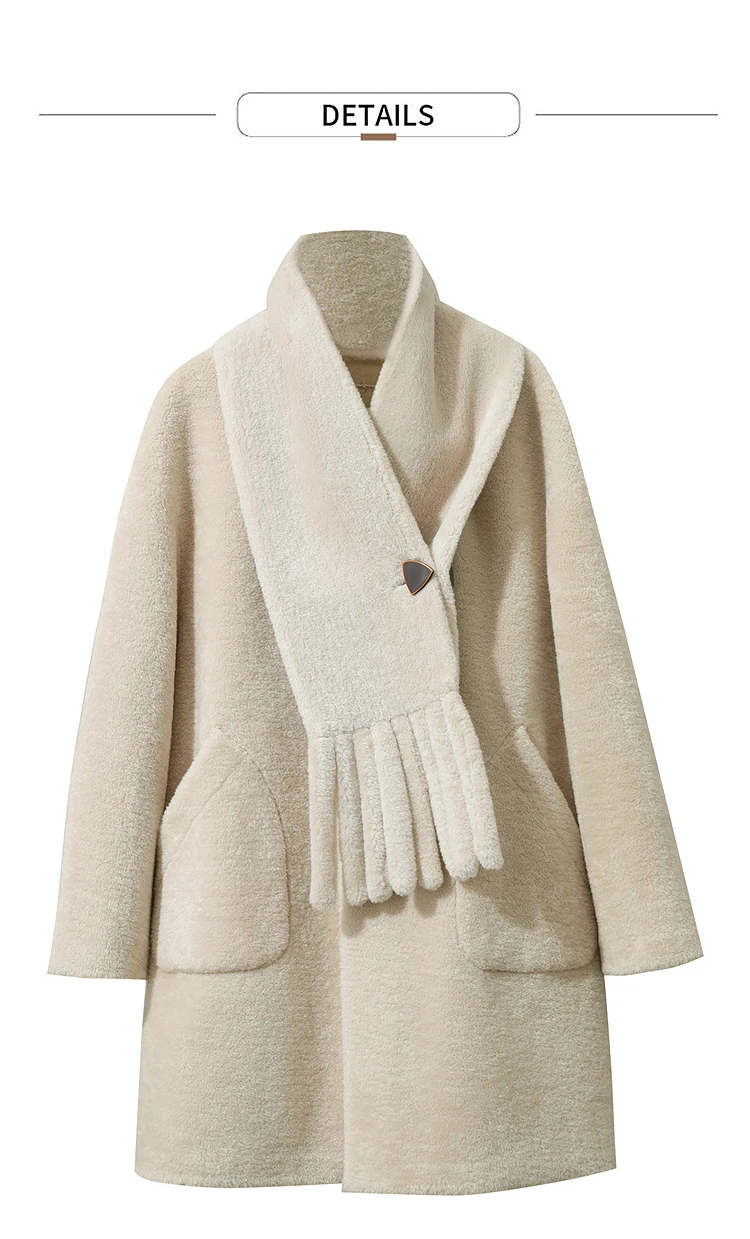Amii Fur Coat Woman 2025 Winter New O-Neck Loose Medium And Long Tops With Scarf Warm Long Sleeve Elegant Fur Jacket 12554011