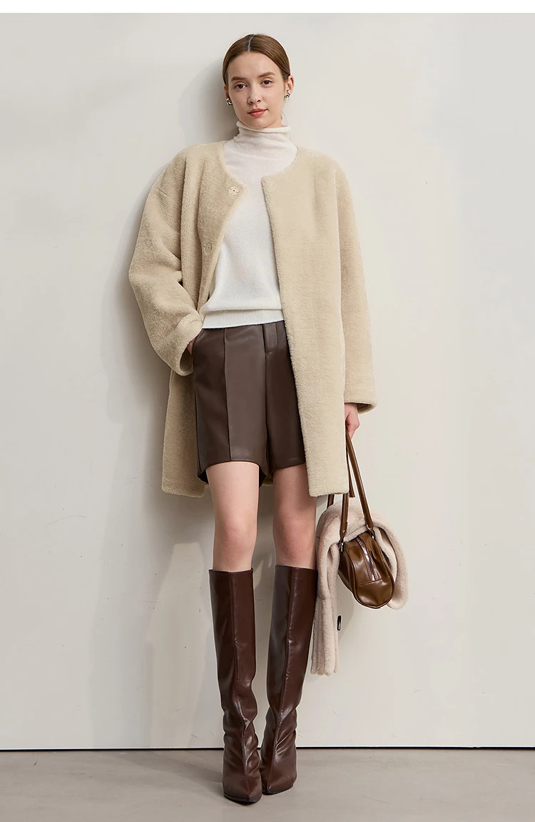Amii Fur Coat Woman 2025 Winter New O-Neck Loose Medium And Long Tops With Scarf Warm Long Sleeve Elegant Fur Jacket 12554011