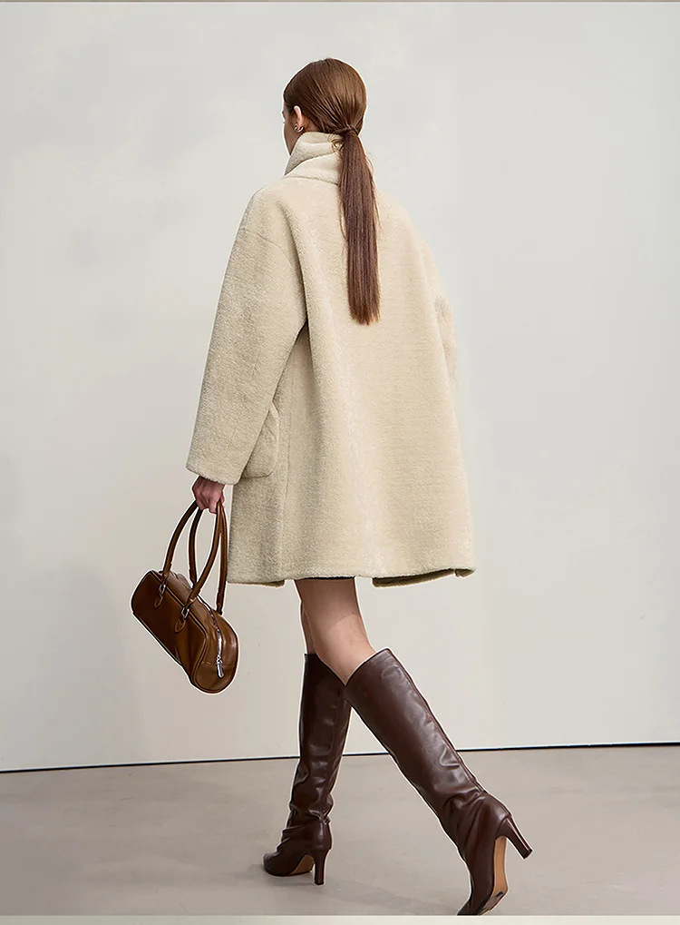 Amii Fur Coat Woman 2025 Winter New O-Neck Loose Medium And Long Tops With Scarf Warm Long Sleeve Elegant Fur Jacket 12554011