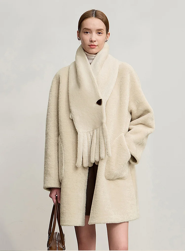 Amii Fur Coat Woman 2025 Winter New O-Neck Loose Medium And Long Tops With Scarf Warm Long Sleeve Elegant Fur Jacket 12554011