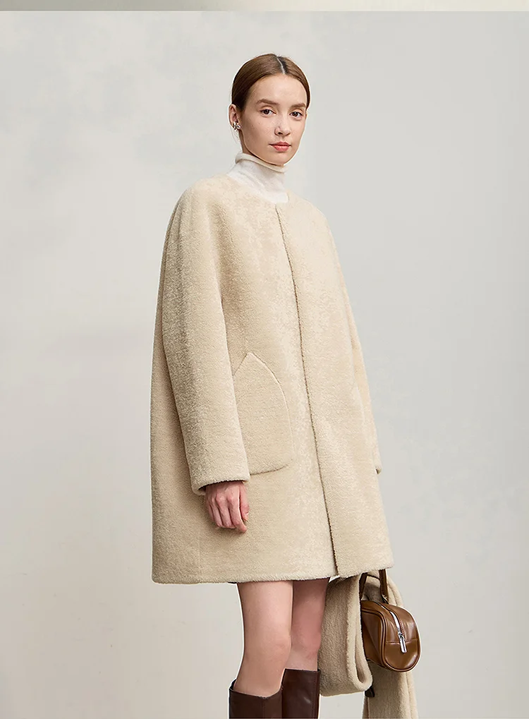 Amii Fur Coat Woman 2025 Winter New O-Neck Loose Medium And Long Tops With Scarf Warm Long Sleeve Elegant Fur Jacket 12554011