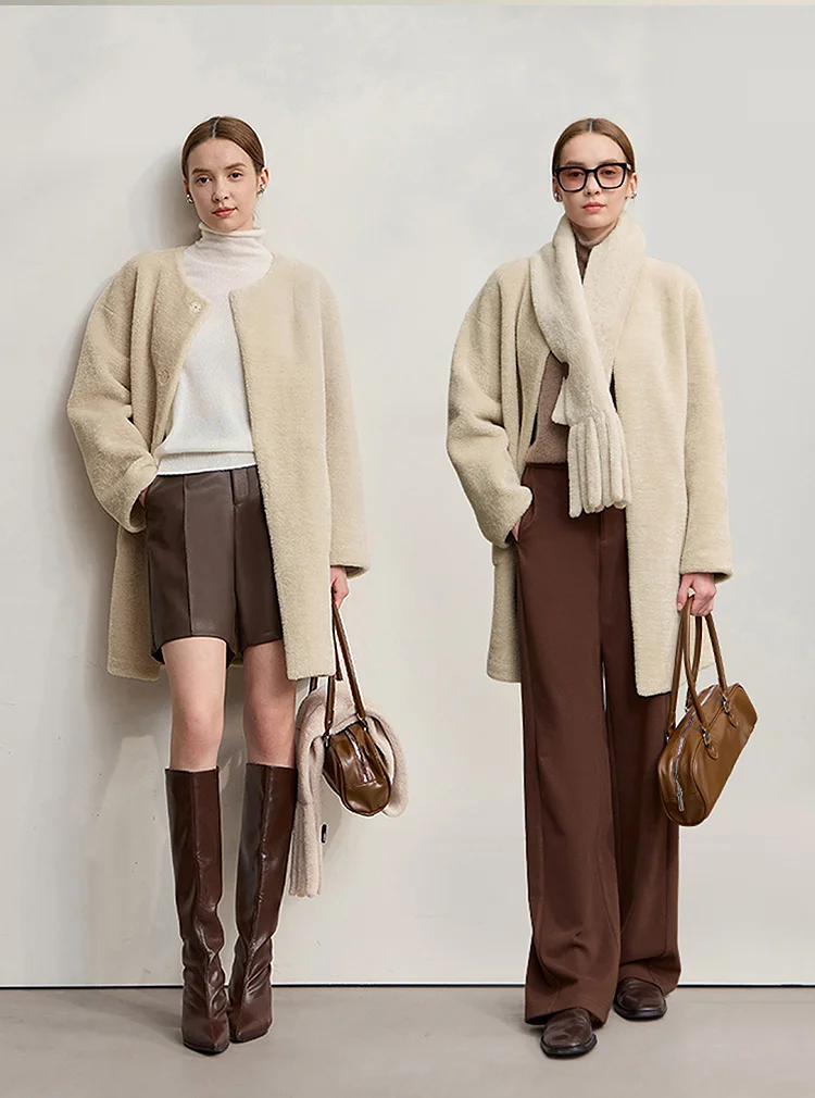 Amii Fur Coat Woman 2025 Winter New O-Neck Loose Medium And Long Tops With Scarf Warm Long Sleeve Elegant Fur Jacket 12554011