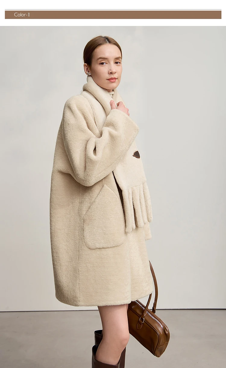 Amii Fur Coat Woman 2025 Winter New O-Neck Loose Medium And Long Tops With Scarf Warm Long Sleeve Elegant Fur Jacket 12554011