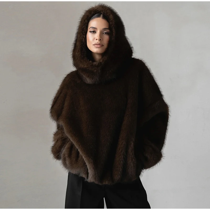 2026 Spring New Faux Fur Long Sleeve Hooded Sweatshirt For Women Elegant Oversize Hoodie Pullover Lady Street Hip-hop Chic Tops