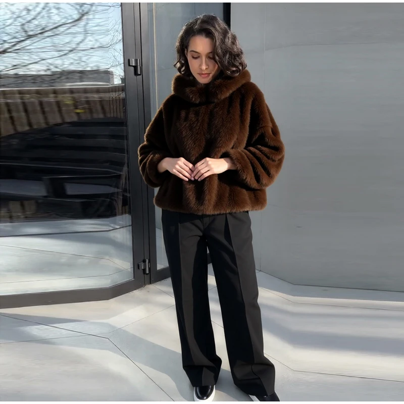 2026 Spring New Faux Fur Long Sleeve Hooded Sweatshirt For Women Elegant Oversize Hoodie Pullover Lady Street Hip-hop Chic Tops