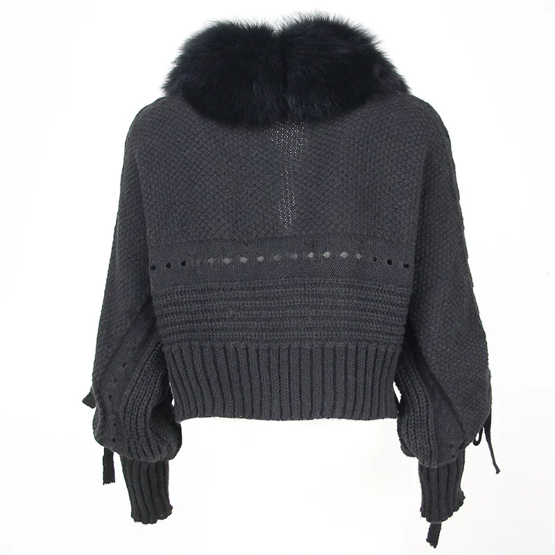 OFTBUY Winter Women Casual Real Fox Fur Collar New Fashion Short Warm Loose Knitted Jacket with Natural Fur Placket Coat