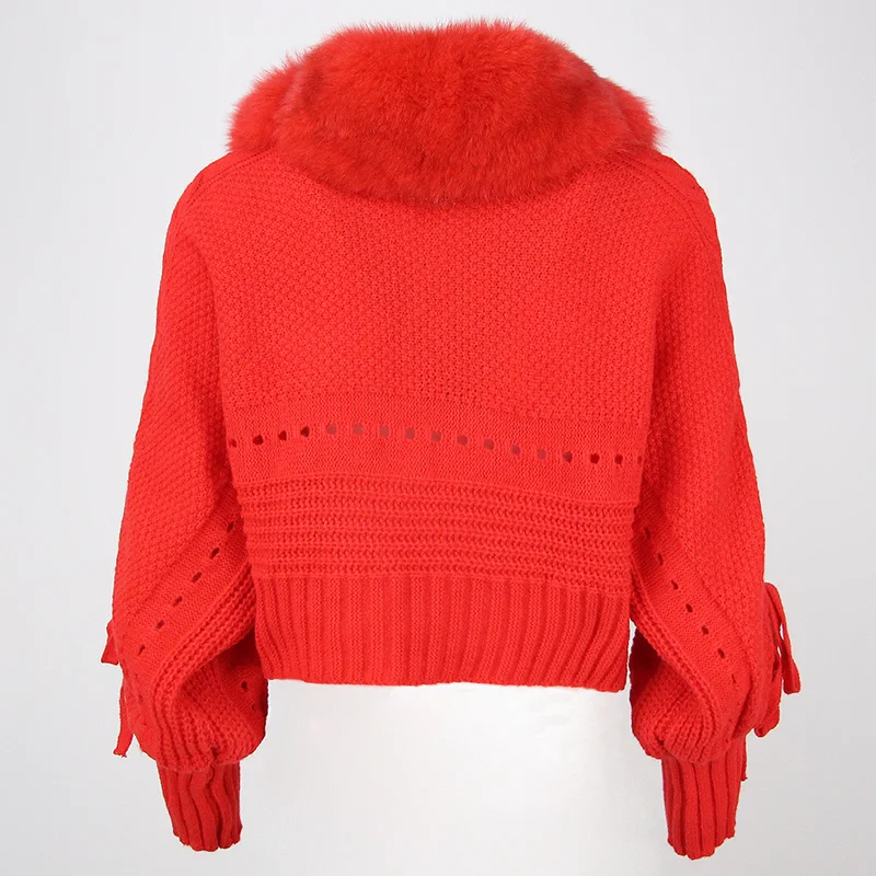 OFTBUY Winter Women Casual Real Fox Fur Collar New Fashion Short Warm Loose Knitted Jacket with Natural Fur Placket Coat