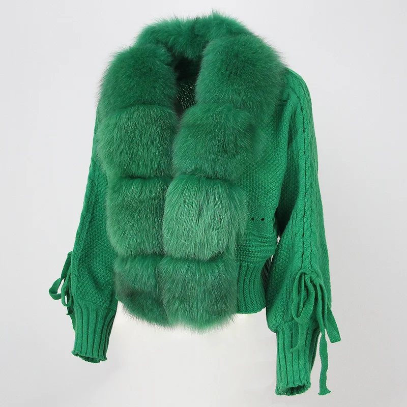 OFTBUY Winter Women Casual Real Fox Fur Collar New Fashion Short Warm Loose Knitted Jacket with Natural Fur Placket Coat