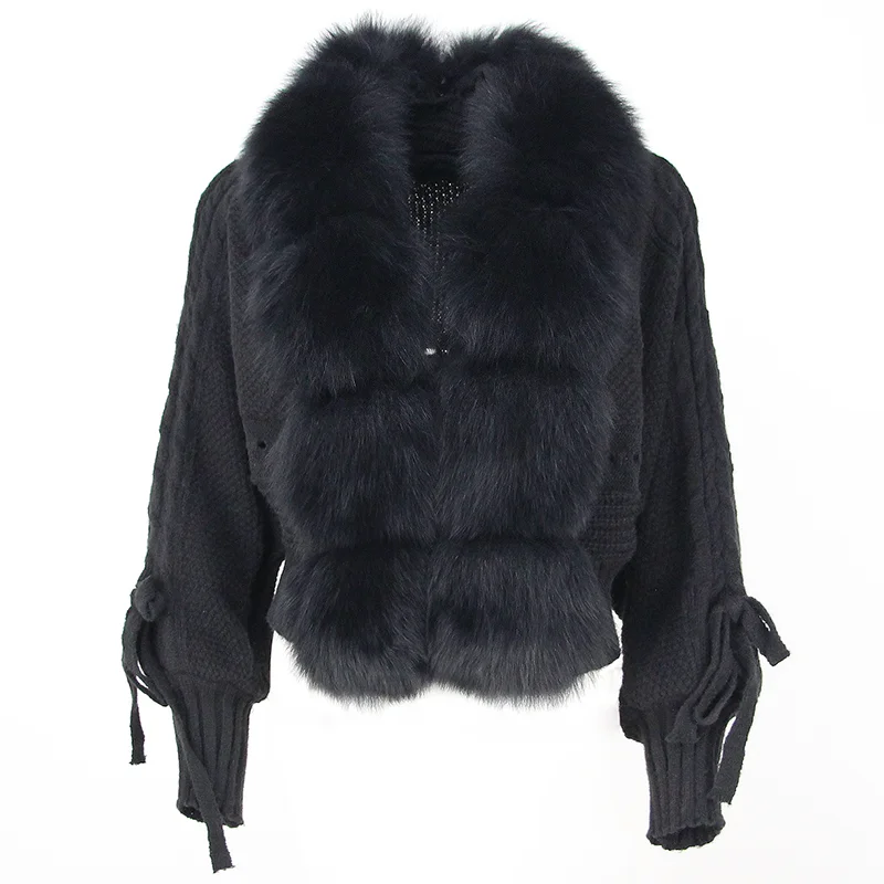 OFTBUY Winter Women Casual Real Fox Fur Collar New Fashion Short Warm Loose Knitted Jacket with Natural Fur Placket Coat
