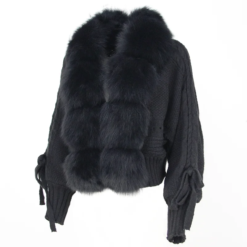 OFTBUY Winter Women Casual Real Fox Fur Collar New Fashion Short Warm Loose Knitted Jacket with Natural Fur Placket Coat