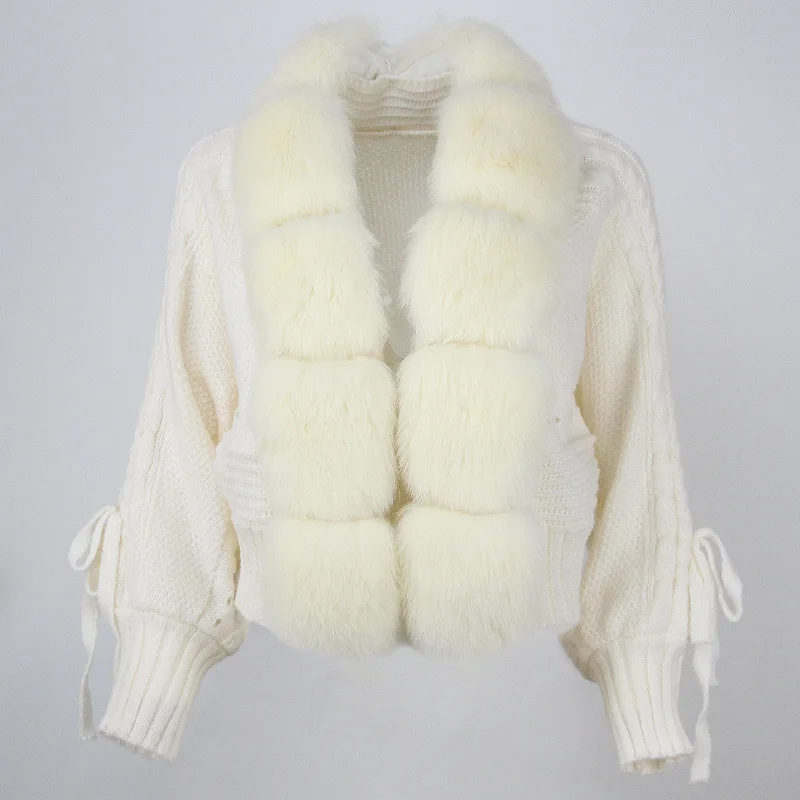 OFTBUY Winter Women Casual Real Fox Fur Collar New Fashion Short Warm Loose Knitted Jacket with Natural Fur Placket Coat