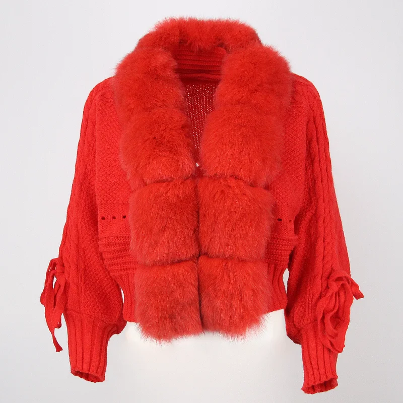 OFTBUY Winter Women Casual Real Fox Fur Collar New Fashion Short Warm Loose Knitted Jacket with Natural Fur Placket Coat