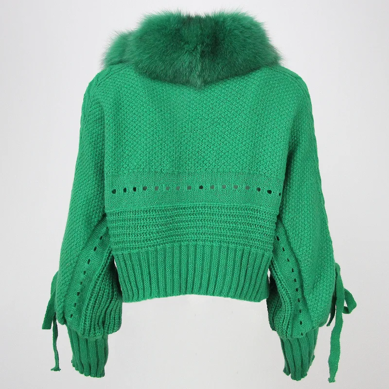 OFTBUY Winter Women Casual Real Fox Fur Collar New Fashion Short Warm Loose Knitted Jacket with Natural Fur Placket Coat