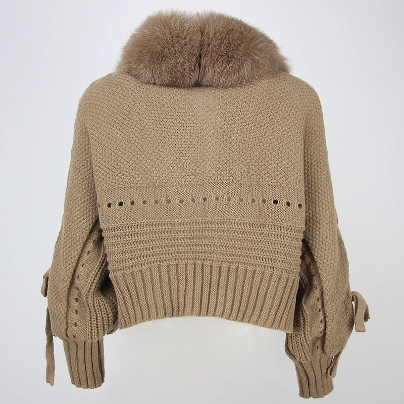 OFTBUY Winter Women Casual Real Fox Fur Collar New Fashion Short Warm Loose Knitted Jacket with Natural Fur Placket Coat