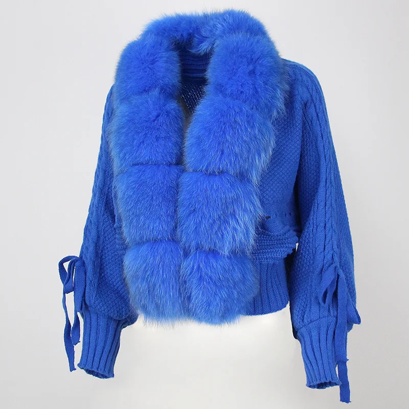 OFTBUY Winter Women Casual Real Fox Fur Collar New Fashion Short Warm Loose Knitted Jacket with Natural Fur Placket Coat