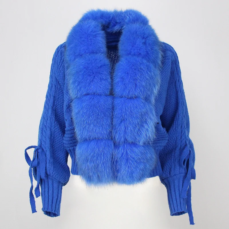OFTBUY Winter Women Casual Real Fox Fur Collar New Fashion Short Warm Loose Knitted Jacket with Natural Fur Placket Coat