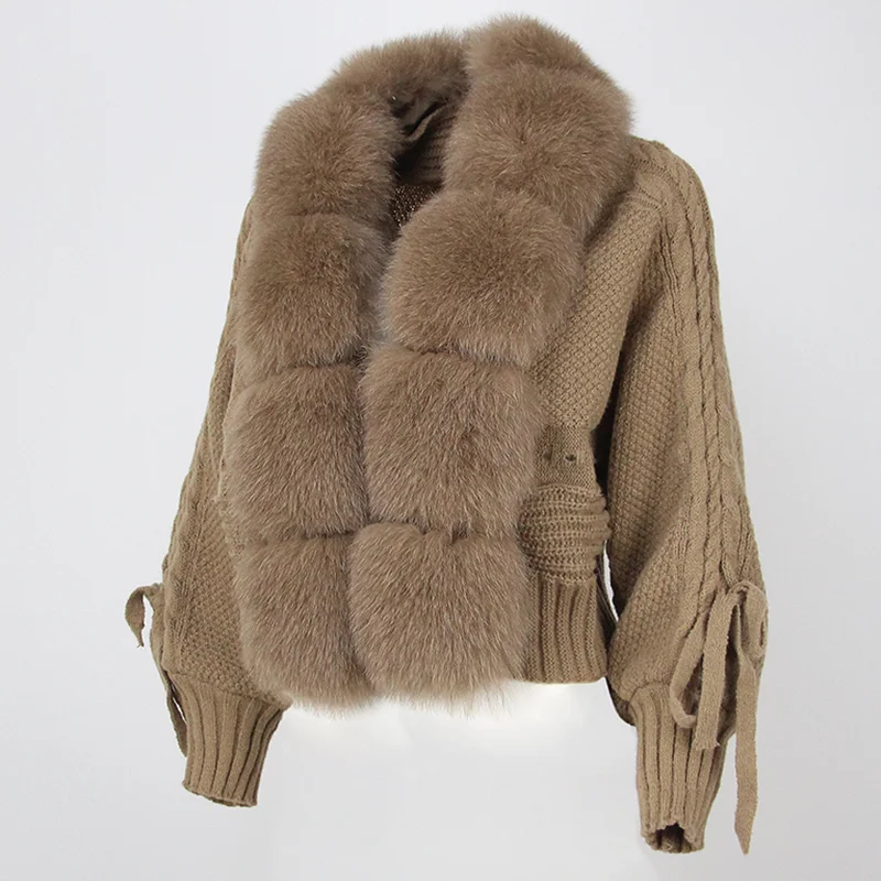 OFTBUY Winter Women Casual Real Fox Fur Collar New Fashion Short Warm Loose Knitted Jacket with Natural Fur Placket Coat