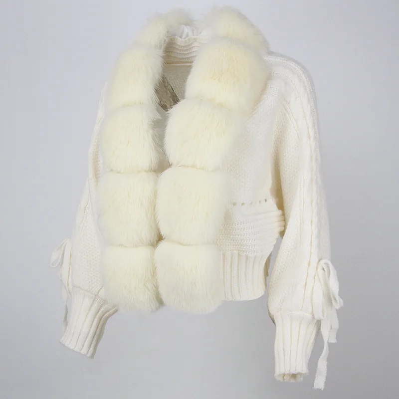 OFTBUY Winter Women Casual Real Fox Fur Collar New Fashion Short Warm Loose Knitted Jacket with Natural Fur Placket Coat