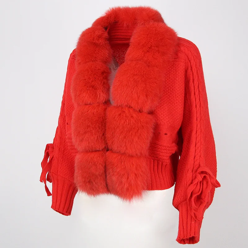 OFTBUY Winter Women Casual Real Fox Fur Collar New Fashion Short Warm Loose Knitted Jacket with Natural Fur Placket Coat
