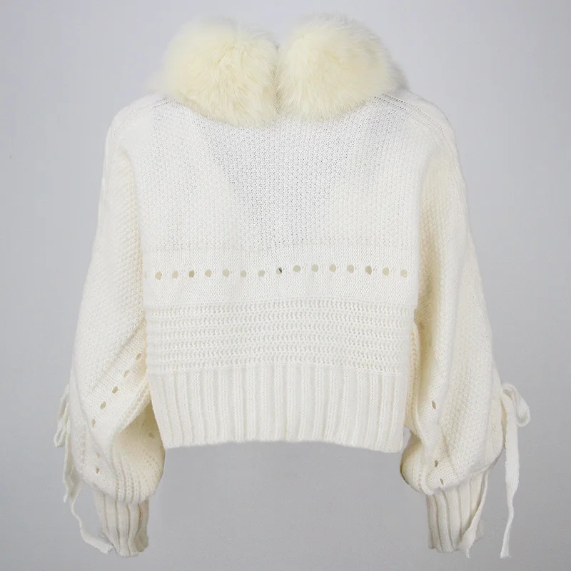 OFTBUY Winter Women Casual Real Fox Fur Collar New Fashion Short Warm Loose Knitted Jacket with Natural Fur Placket Coat
