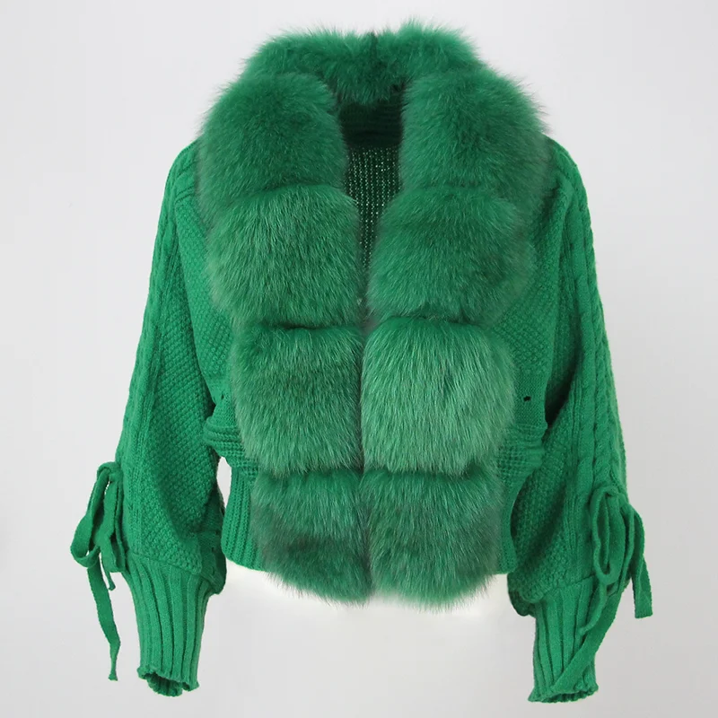 OFTBUY Winter Women Casual Real Fox Fur Collar New Fashion Short Warm Loose Knitted Jacket with Natural Fur Placket Coat