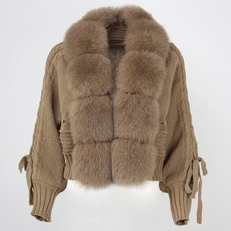 OFTBUY Winter Women Casual Real Fox Fur Collar New Fashion Short Warm Loose Knitted Jacket with Natural Fur Placket Coat