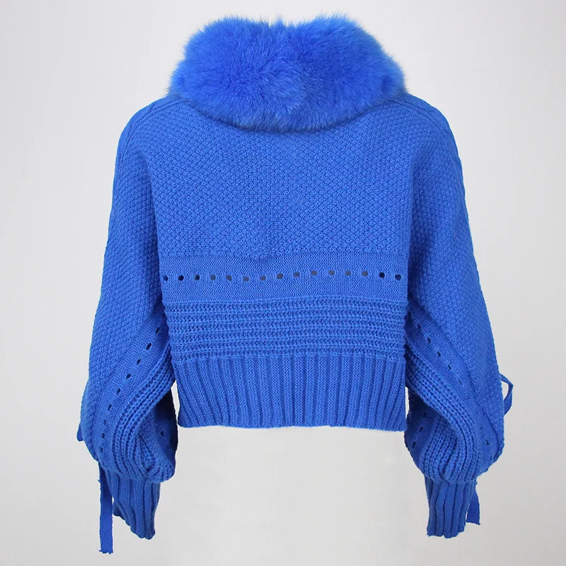 OFTBUY Winter Women Casual Real Fox Fur Collar New Fashion Short Warm Loose Knitted Jacket with Natural Fur Placket Coat