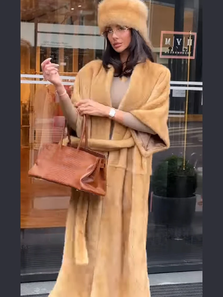 Women Faux Fur Shawl Collar Maxi Coat 3/4 Sleeve Open Front Self-Tie Belt Loose Fit Vintage Warm Jacket Luxury Ladies Outerwear
