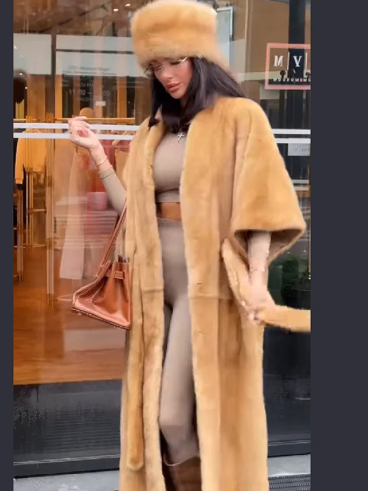 Women Faux Fur Shawl Collar Maxi Coat 3/4 Sleeve Open Front Self-Tie Belt Loose Fit Vintage Warm Jacket Luxury Ladies Outerwear