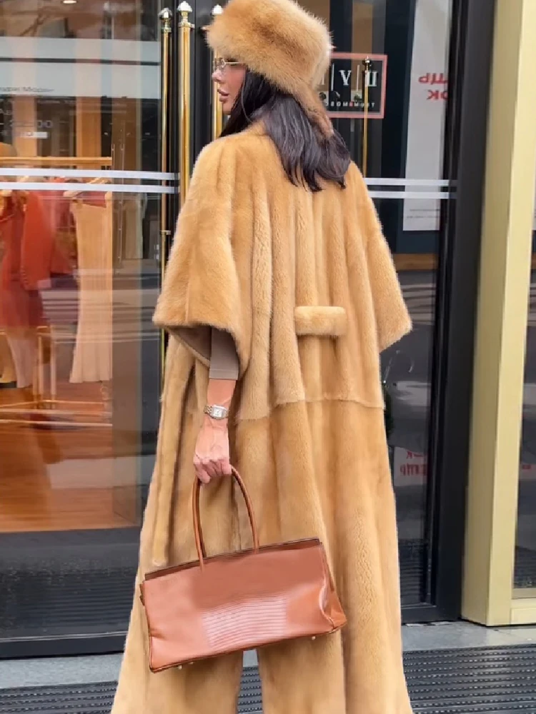 Women Faux Fur Shawl Collar Maxi Coat 3/4 Sleeve Open Front Self-Tie Belt Loose Fit Vintage Warm Jacket Luxury Ladies Outerwear
