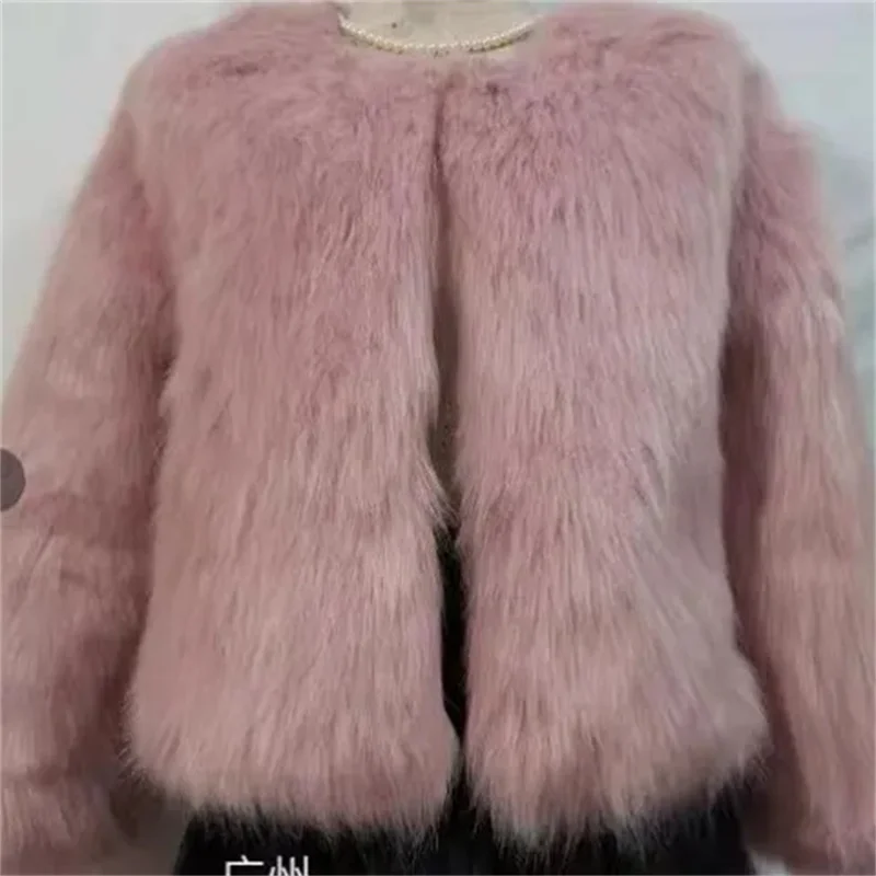 Korean Ladies Solid Color Plush Outwear 2025 Femme Fashion Short Fur Tops Jacket Winter Thicken Women Long Sleeves Faux Fur Coat