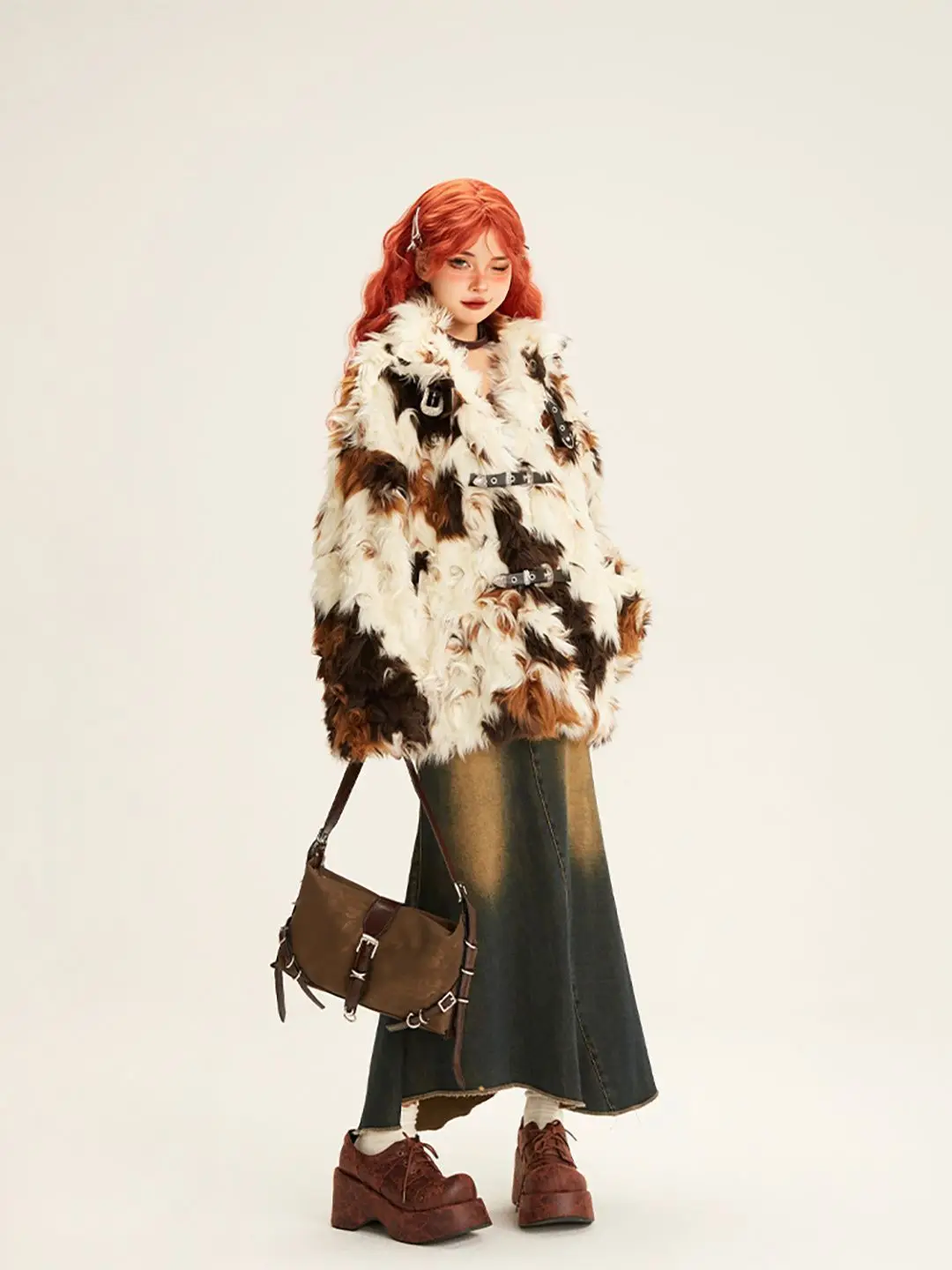 2025 Women Mallard Color Faux Fox Fur Coat Short Eco Friendly Plush Jacket Luxury Tweed Blend Outerwear