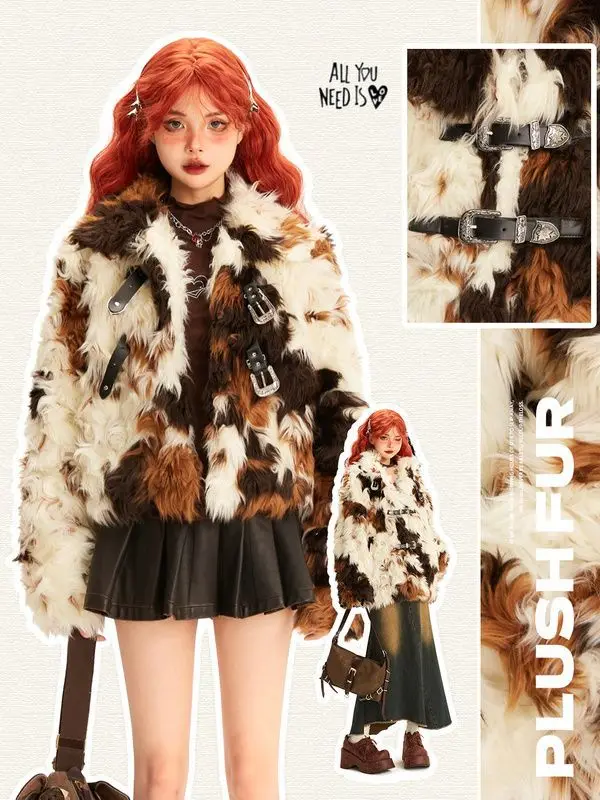 2025 Women Mallard Color Faux Fox Fur Coat Short Eco Friendly Plush Jacket Luxury Tweed Blend Outerwear