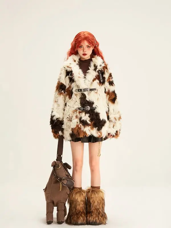 2025 Women Mallard Color Faux Fox Fur Coat Short Eco Friendly Plush Jacket Luxury Tweed Blend Outerwear