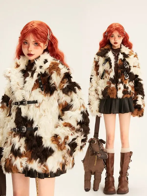 2025 Women Mallard Color Faux Fox Fur Coat Short Eco Friendly Plush Jacket Luxury Tweed Blend Outerwear