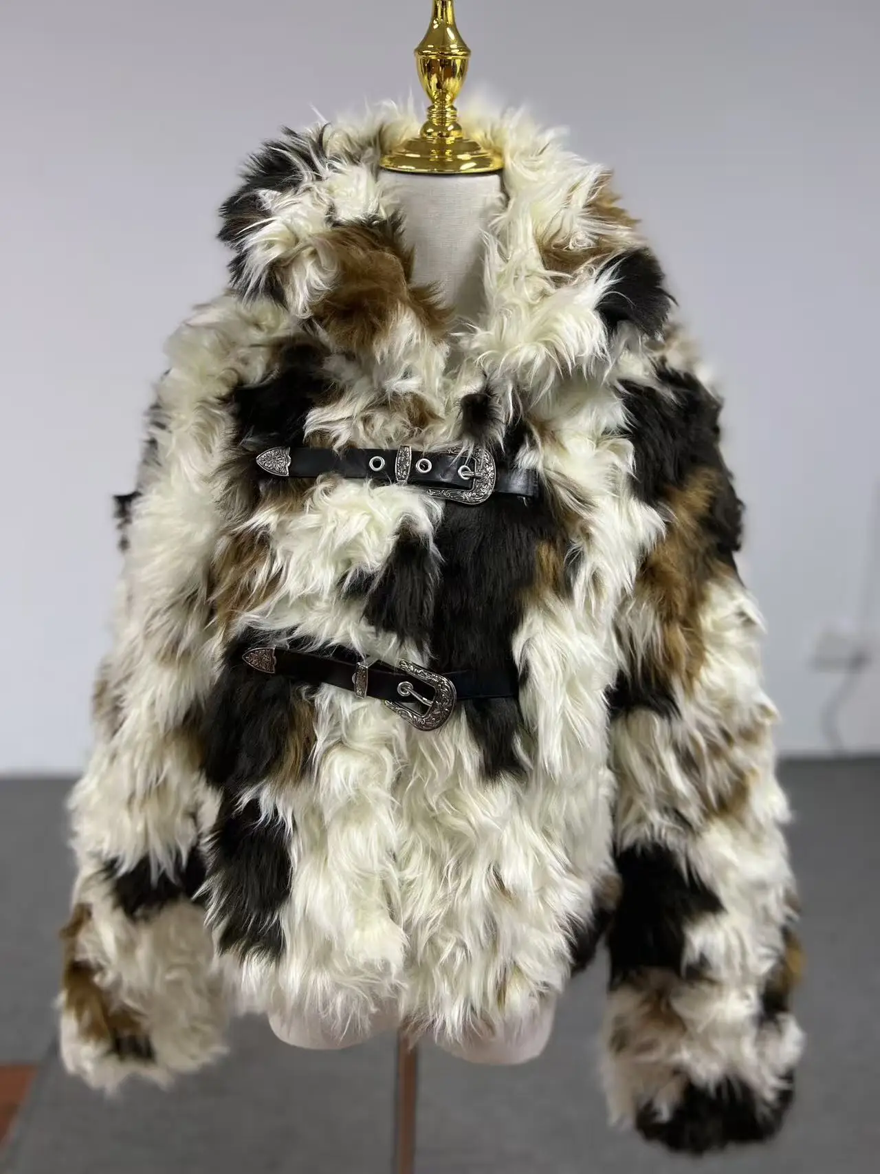 2025 Women Mallard Color Faux Fox Fur Coat Short Eco Friendly Plush Jacket Luxury Tweed Blend Outerwear