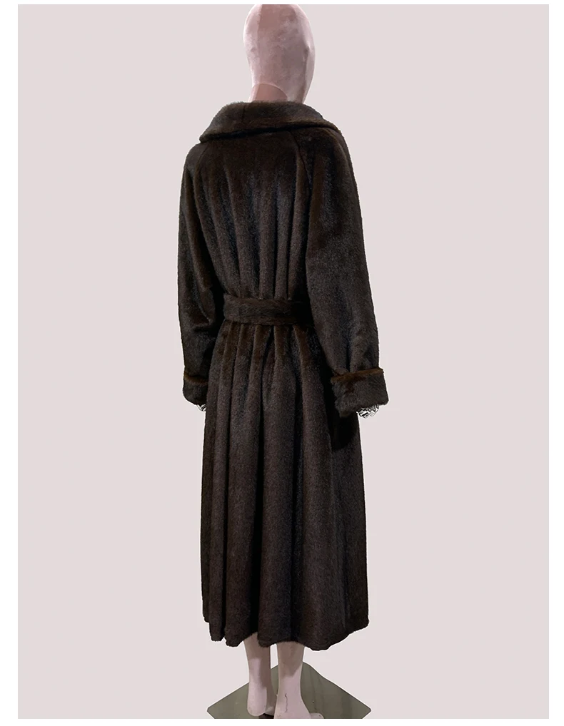 Mauroicardi Winter Long Thick Warm Brown Skirted Faux Mink Fur Coat Women Shawl Collar Sashes Elegant Luxury Furry Overcoat 2025