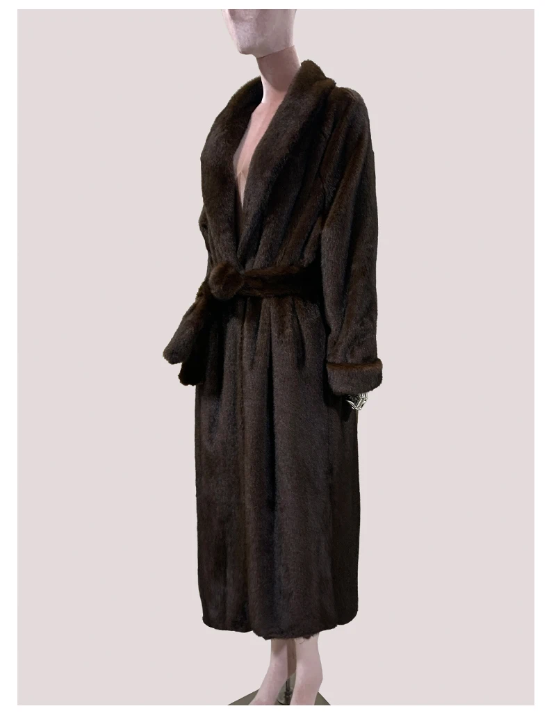Mauroicardi Winter Long Thick Warm Brown Skirted Faux Mink Fur Coat Women Shawl Collar Sashes Elegant Luxury Furry Overcoat 2025