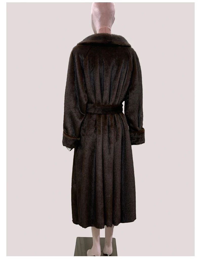 Mauroicardi Winter Long Thick Warm Brown Skirted Faux Mink Fur Coat Women Shawl Collar Sashes Elegant Luxury Furry Overcoat 2025